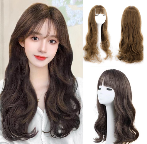 68CM Long Curly Hair Wig with Air Bangs Women Big Wave Natural Full Headgear Fluffy Hair Wigs