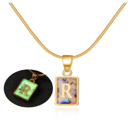18K Gold 26 Letter Square Colorful Nightlight Pendant Snake Bone Chain Necklace English Letter Pendant Necklace R