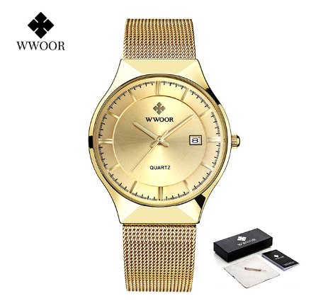 Wwoor Luxury Ultra Thin Men Quartz Wristwatch Waterproof Casual Sports Mesh Steel Gold Automatic Date Watch ALL GOLD