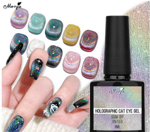 Monja Reflective Cat Eye Magnetic Gel Nail Art Laser Glitter Chameleon Polish Holographic Soak Off Varnish Manicure Tool 8ML