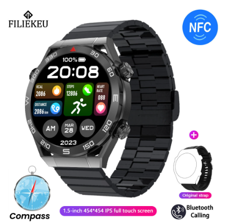 FILIEKEU Watch Ultimate GPS compass smart watch bluetooth call waterproof sports fitness ECG smart watch BLACK STEEL STRAP