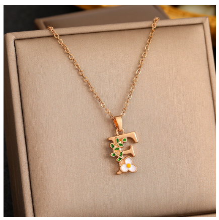 26 Letter Gold Pendant Necklace Dropped Oil Flower Animal Letter Necklace Fashion Men's and Women's Gift Wholesale F