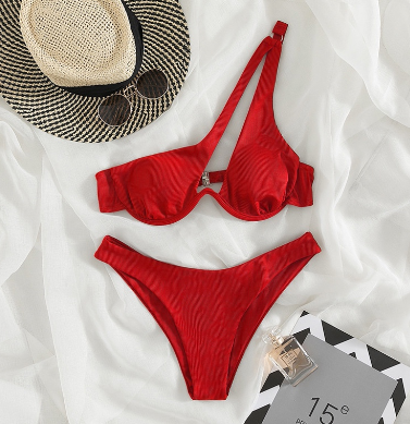 Ribbed Cut Out Underwire Swimsuit Swimwear One Shoulder Bikini