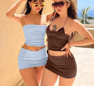 Fashion Women's Off Shoulder Solid Tube Top & High Waist Skirt Set