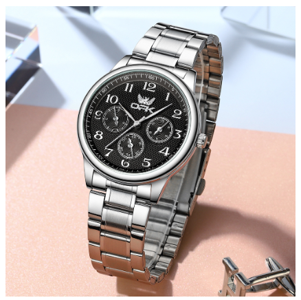 OPK Men's Stainless Steel Wrist Watch BLACK DIAL SILVER STRAP