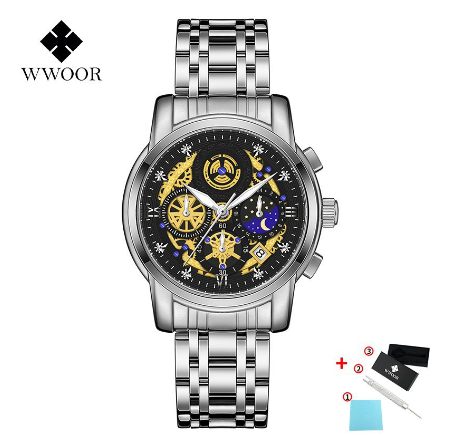 Wwoor Watch Stainless Steel Luxury Waterproof Sports Quartz Wristwatch For Men's Watch BLACK DIAL SILVER CASE STRAP