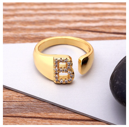 Fashion Chunky Wide Hollow A-Z Letter Gold Color Opening Ring Initials Name Alphabet Female Jewelry B