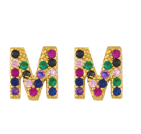 New European and American Fashion Gold 26 Letters Colorful Zircon Alphabet Stud Earrings Women Jewelry Gifts M