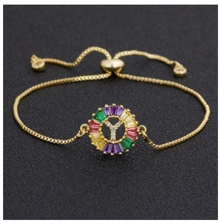 New Fashion A-Z Initial Colorful Cubic Zircon Letter Bracelets Adjustable Chain Rainbow Jewelry Y