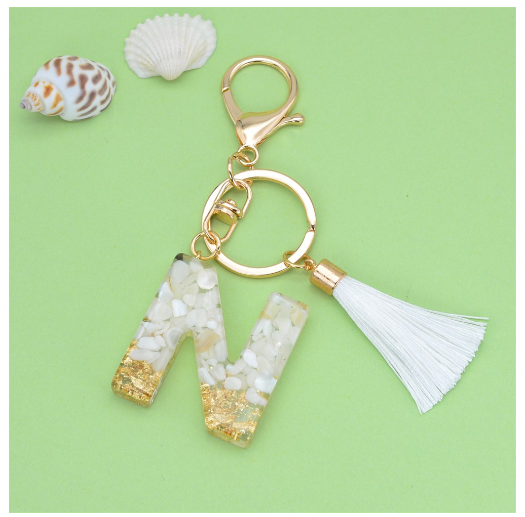1Pc Gold Tassel Alphabet Keychain English Letter Keyring Glitter Gradient Resin Gold Leaf Crafts Car Mirror Handbag Charms N