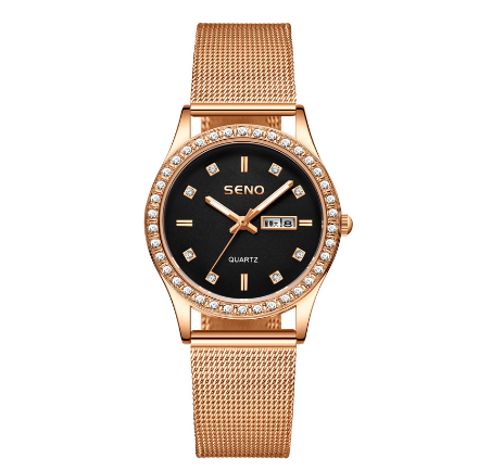SENO Women's Watches Casual Stainless Steel Alloy Quartz Waterproof Ladies Wristwatches Luxury Elegant Rhinestone Full Diamond Female Watch BLACK MESH STRAP