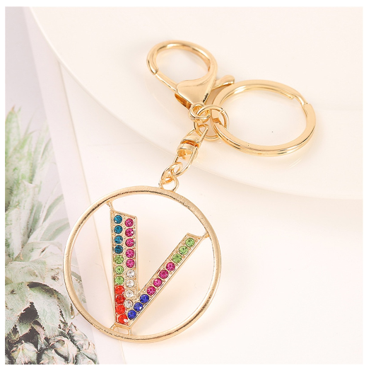 Colorful Rhinestone A-Z Letter Keychain Hollow Round Initials Alloy Keyring Bag Pendant Ornament DIY Accessories Charms Gift V