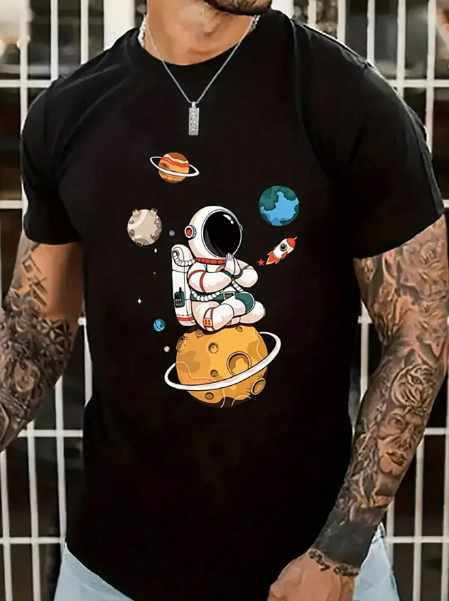 Manfinity Homme Men's Plus Size Cartoon Astronaut Printed Short Sleeve T-Shirt