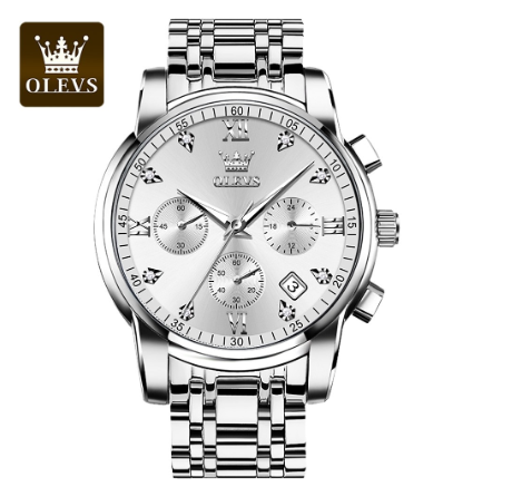 Olevs Watch For Men Quartz Waterproof Multifunction Chronograph Gentleman Stainless Steel Business Watch WHITE DIAL SILVER CASE