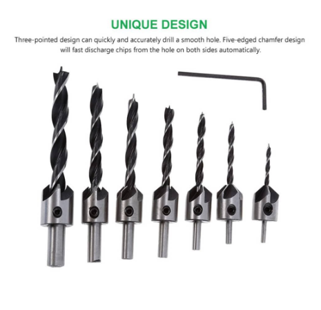 Plextone 7Pcs Wood Drill Bit Set Reamer Woodworking 3-10mm Chamfer Wood Countersink Drill Bits