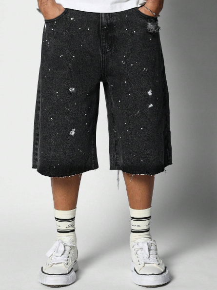 SUMWON Raw Hem Bermuda Denim Short With Paint Print