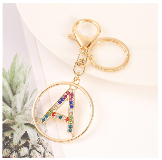 Colorful Rhinestone A-Z Letter Keychain Hollow Round Initials Alloy Keyring Bag Pendant Ornament DIY Accessories Charms Gift A
