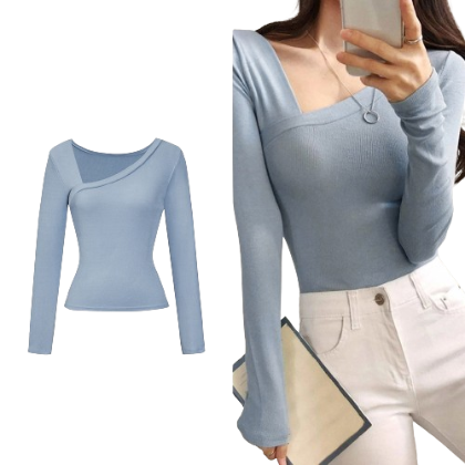 Lovito Women Casual Plain Basic Textured Fabric T-Shirt L70AD023 (Blue)