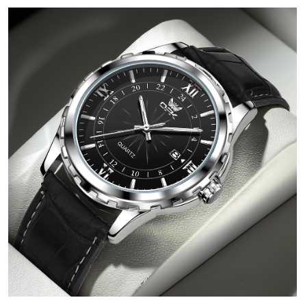 OPK Watch For Men WaterProof Original Stainless Steel Leather Strap Fashion Luminous Calendar Quartz Mens Watch BLACK DIAL BLACK LEATHER STRAP
