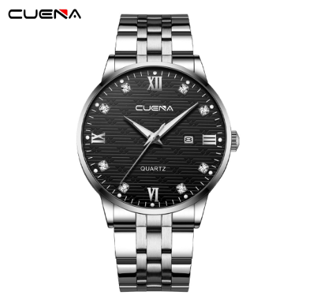CUENA Men's Original Watch Luxury All Steel Fashion Business Analog Quartz Waterproof Watch SILVER BLACK