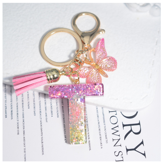 Glitter Sequin Filled 26 Letter Keychain With Tassel Exquisite Butterfly A-Z Alphabet Keyrings Women Bag Pendant Ornaments Gifts T