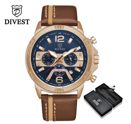 DIVEST Watch Men Fashion Quartz Leather Chrono Business Luminous Creative Original Waterproof Men's Watches 9035 ROSEGOLD BLUE
