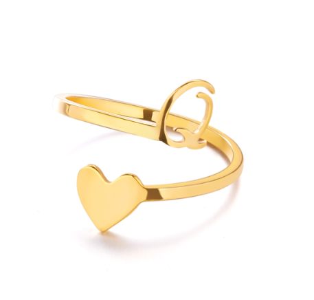 Gold Stainless Steel A-Z Rings Initial Letters Heart Rings Women Fashion Non Fading Jewelry Adjustable Q