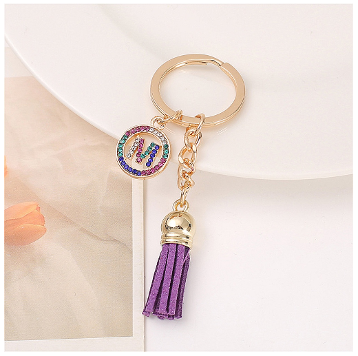 Mini Colorful Rhinestone A-Z Letter Keychains Trendy Tassel 26 Initials Metal Keyring Bag Charms Pendant Key Holder Accessories M
