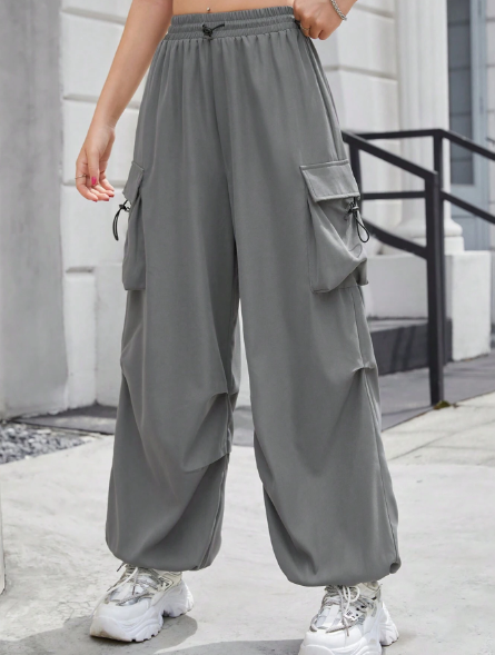 SHEIN Teen Girls' Loose Fit Woven Cargo Pants With Drawstring Waist, Pockets, Street Casual Style