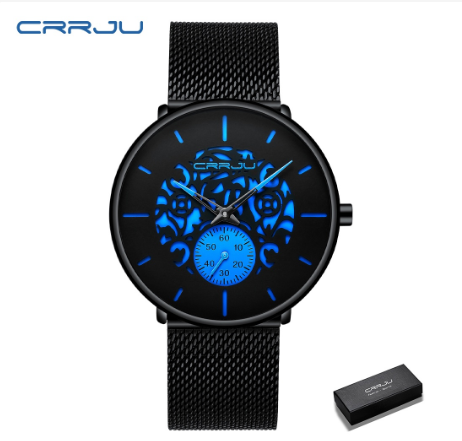 CRRJU Men's Fashion Black Stainless Steel Wrist Watch Waterproof Business Dress Watch for Men 2150S M12