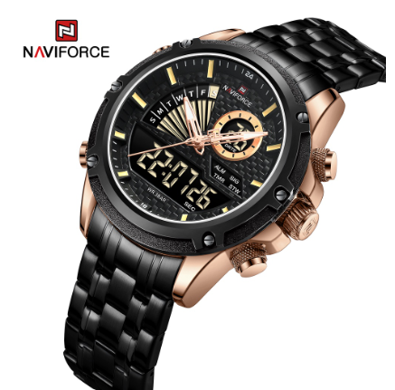 Naviforce NF9205 Men Luxury Top Brand LED Waterproof Full Steel Quartz Digital Military Watch BLACK ROSEGOLD