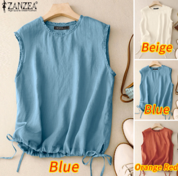 ZANZEA Women's O Neck Hem Split Drawstring Sleeveless Casual Tanks