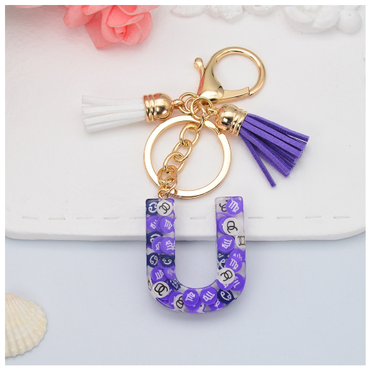 New 26 Letters Constellation Symbol Slice Resin Keychain Charms Women Handbag Ornaments With Tassel Key Ring Accessories Gift U