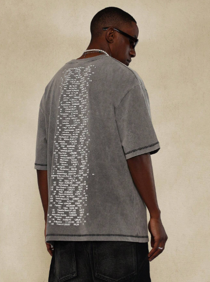 SUMWON Washed Oversized Fit Tee With Text Graphic Print & Overlock Detail