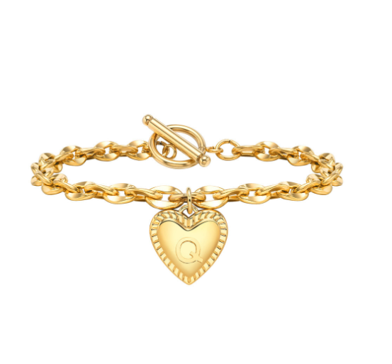 Vnox A-Z Letter Heart Charms Bracelet for Women Girl 18K Gold Elegent Love Stainless Steel Link Chain Initial Jewelry Birthday Present Q