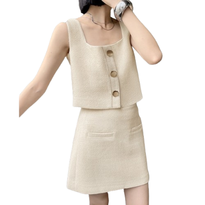 Lovito Women Button Front Fake Pocket Skirt Sets L62ED115 (Apricot)