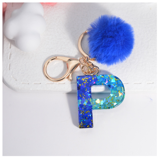 Exquisite Blue Pompom A-Z 26 Letter Keychain Glitter Heart Sequin Filled Initials Keyrings Bag Accessories Charm Car Keyholder P