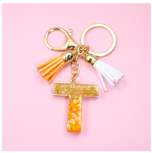 Tassel Gold Foil A-Z 26 Letter Pendent Keychain for Women Orange Resin Keyrings Girls Bag Ornamant Accessories Charms Gifts T