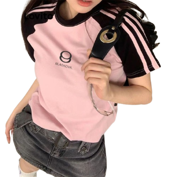 Lovito Casual Letter Colorblock Oversized Contrast Binding T-Shirt for Women LNE13009 (Multi-color)