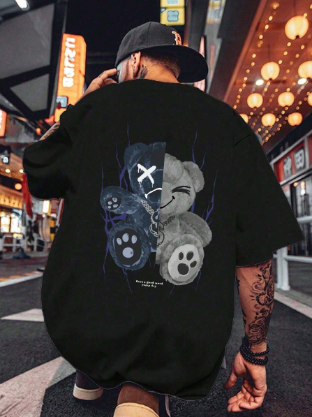 Men's Plus Size Summer Cartoon Bear Print Round Neck Casual Short Sleeve T-Shirt