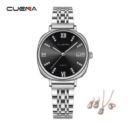 CUENA Original Women Watches Stainless Steel Waterproof Unique Creative Small Dial Fashion Casual Business Sports Quartz Analog Watch SILVER BLACK