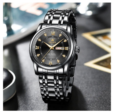 Olevs Men's Watch Waterproof Original Stainless Steel Business Luminous Relo Quartz Watches BLACK DIAL