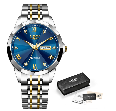 LIGE Steel Watch For Men Classics Design Full Calendar Chronograph Relo Couple Waterproof Business Wristwatch GOLD BLUE