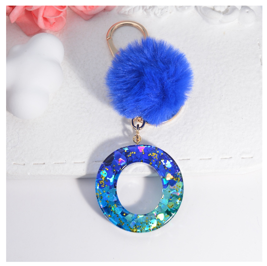 Exquisite Blue Pompom A-Z 26 Letter Keychain Glitter Heart Sequin Filled Initials Keyrings Bag Accessories Charm Car Keyholder O