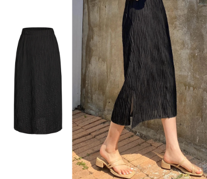 Lovito Women Elegant Plain Jacquard Split Skirt L71ED101 Black