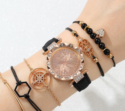 6PCS/set Original Waterproof Watch for Women with Bracelet Black Leather Strap