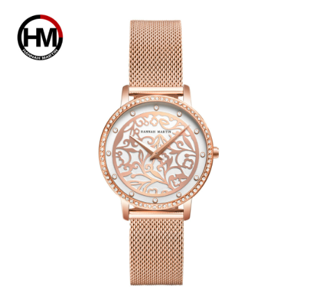 Hannah Martin Ladies Luxury Watch Japan Imported Movement Top Layer Cowhide & Milan Stainless Steel Strap 3ATM Waterproof Watch ROSEGOLD