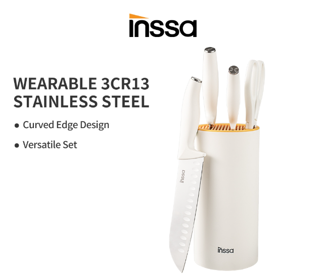INSSA Knife Set 5 Pieces Stainless Steel Blade Knife Block Storage Cutting Meat Vegetables Fruits