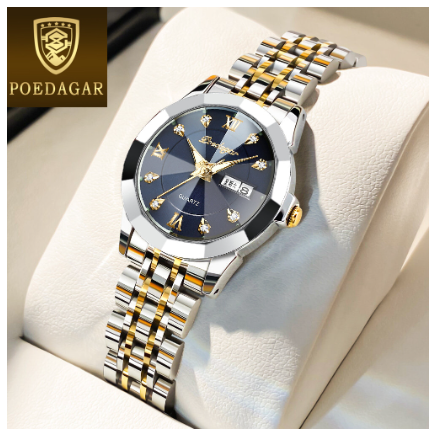 POEDAGAR luxury watch for woman waterproof 2023 sale original korean style business stainless steel luminous calendar wristwatch GOLD BLUE