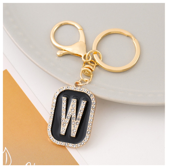 Exquisite Rhinestone 26 Letter Keychain Simple Black Enamel Initials Keyrings For Women Bag Pendant Ornament Car Keyholder Gifts W